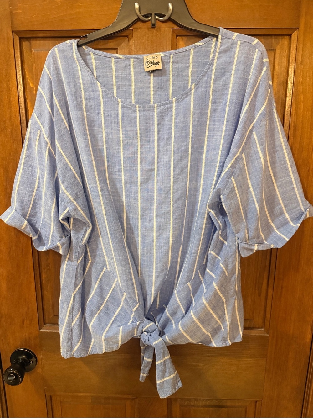 Como Vintage Light Blue and White Striped Tie-Front Blouse